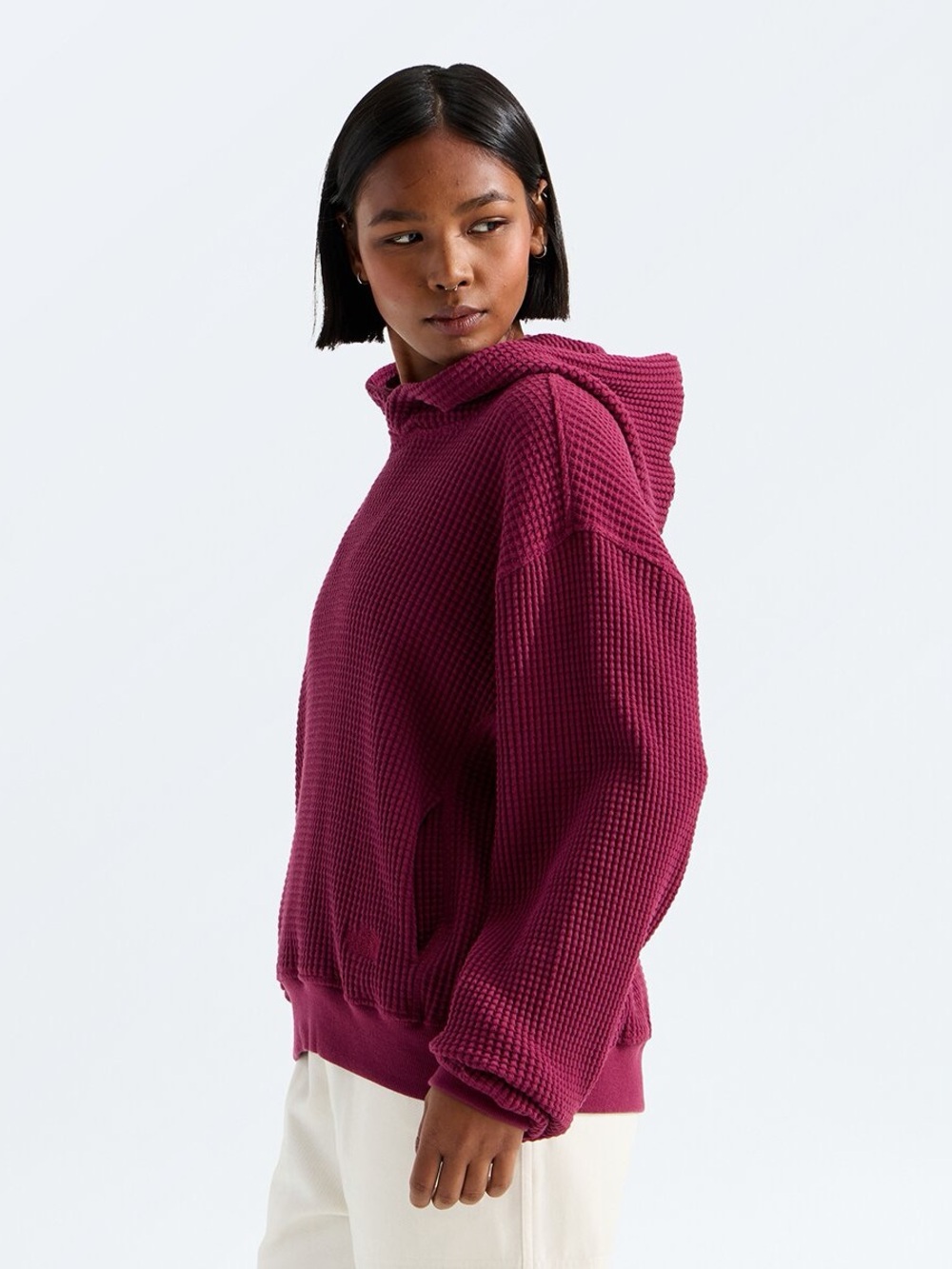 The North Face Waffle-Knit Hooded Pullover in Berry Plum